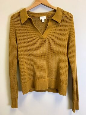 Caslon Mustard Collared V-Neck Open-Knit Sweater